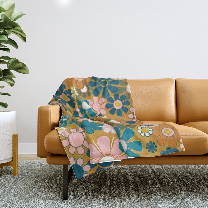Pretty Groovy Retro Garden 60s 70s Aesthetic Floral Pattern Ochre Teal Olive Pink Throw Blanket