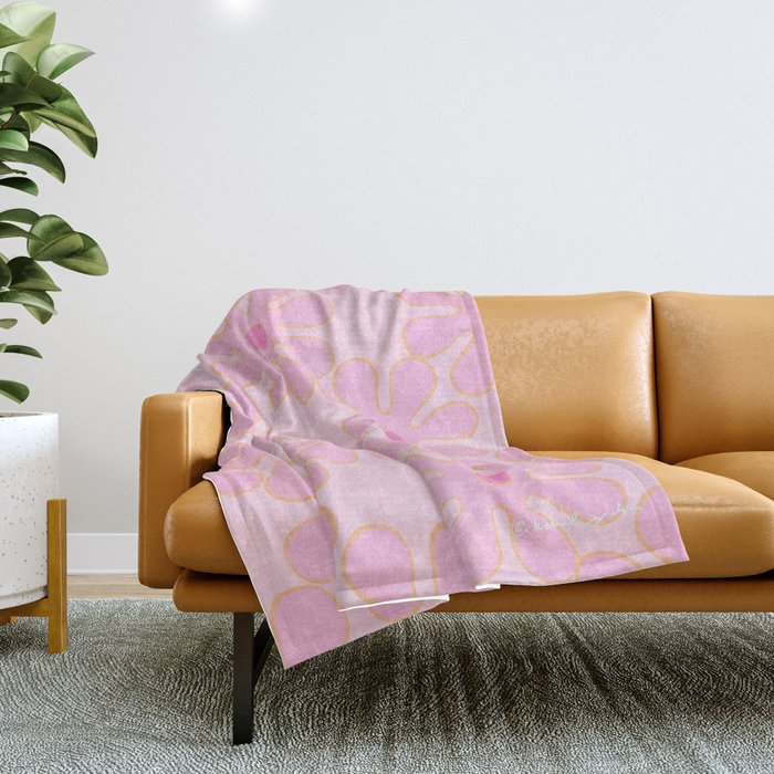 Pink Floral 70s Style Groovy Flowers Throw Blanket