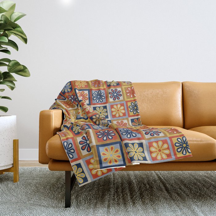 Retro Colorful Flower Checkerboard Throw Blanket