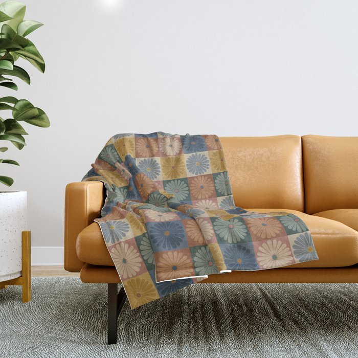 Retro Flowers Check Pattern Ix Throw Blanket