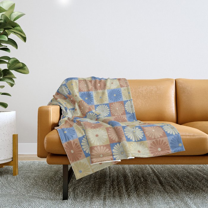 Retro Flowers Check Pattern Viii Throw Blanket