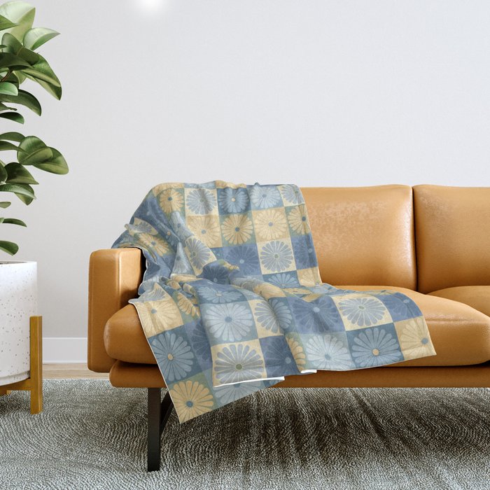 Retro Flowers Check Pattern Vii Throw Blanket