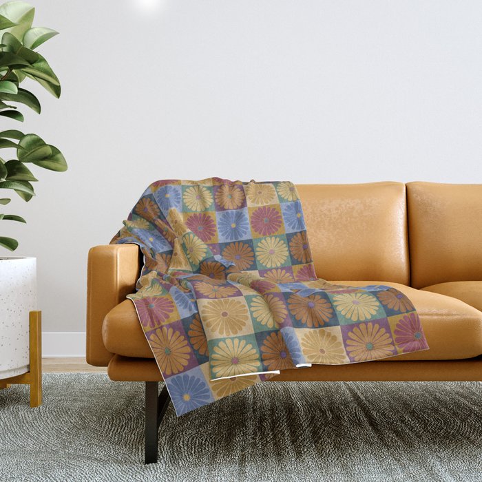 Retro Flowers Check Pattern Xii Throw Blanket
