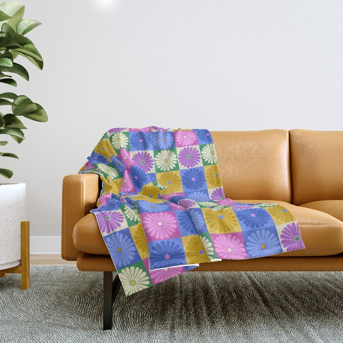 Retro Flowers Check Pattern Xiv Throw Blanket