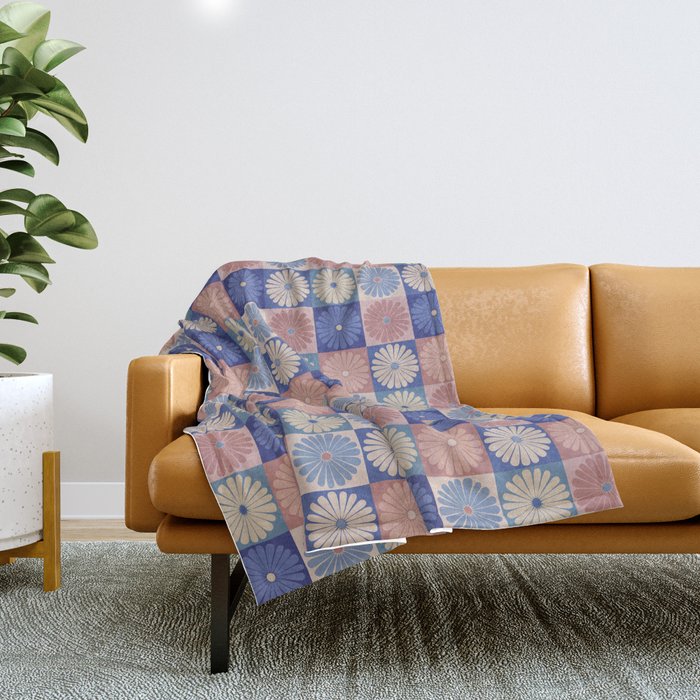 Retro Flowers Check Pattern Xiii Throw Blanket