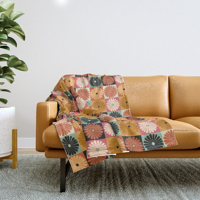 Retro Flowers Check Pattern Xvi Throw Blanket