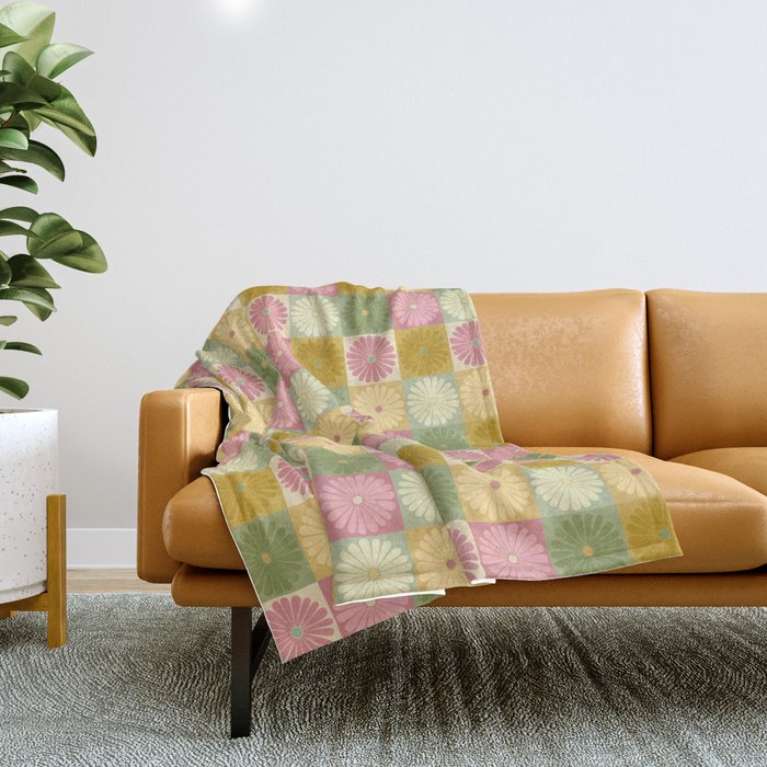 Retro Flowers Check Pattern Xvii Throw Blanket