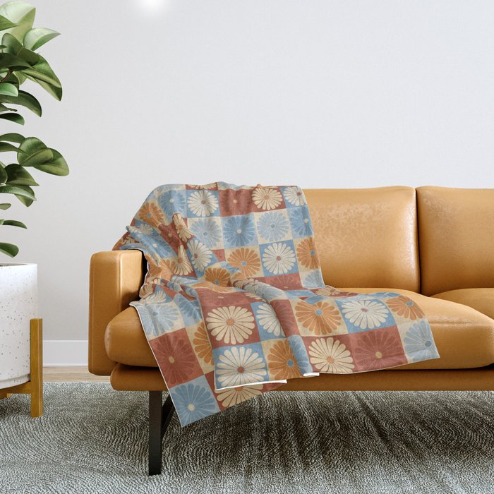 Retro Flowers Check Pattern Xviii Throw Blanket
