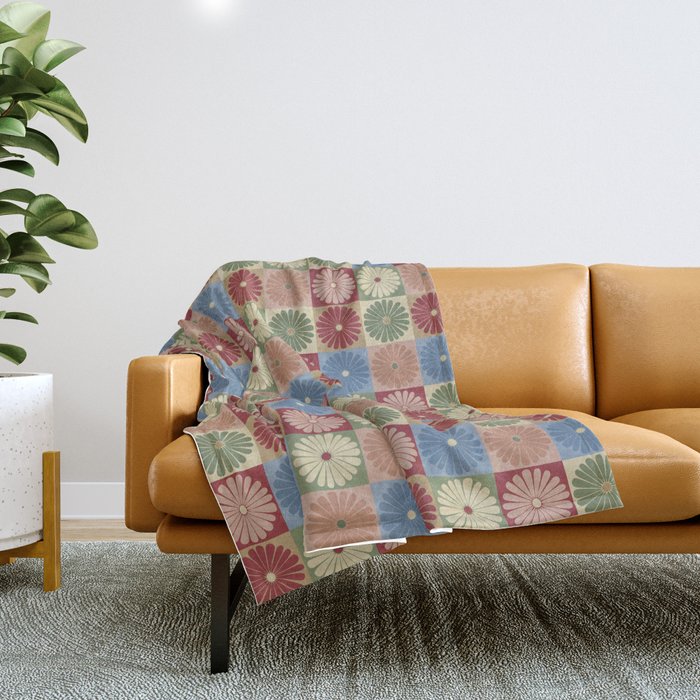 Retro Flowers Check Pattern Xix Throw Blanket