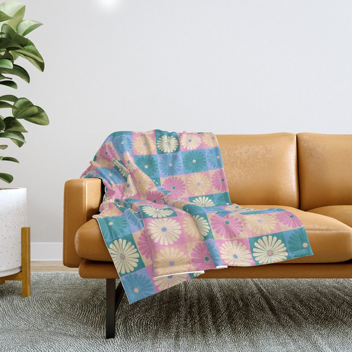 Retro Flowers Check Pattern Xxiii Throw Blanket