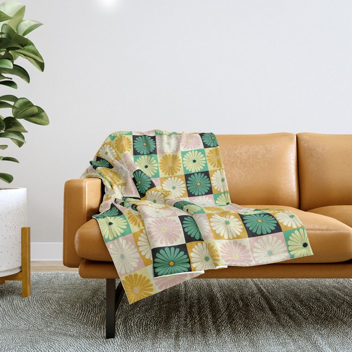 Retro Flowers Check Pattern Xxv Throw Blanket