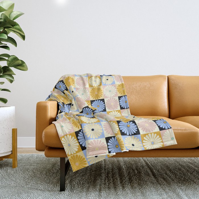 Retro Flowers Check Pattern Xxvii Throw Blanket