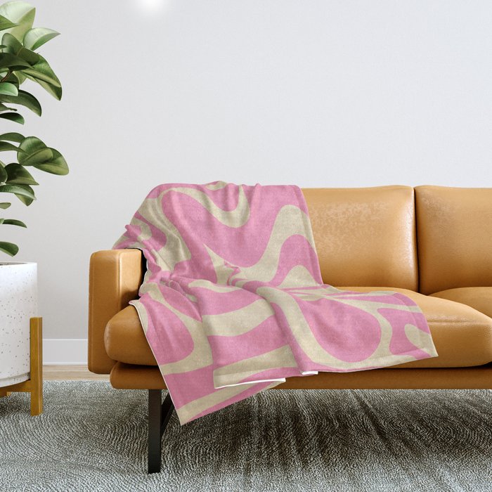 Retro Liquid Swirl Abstract Pattern In Pink Cream Throw Blanket