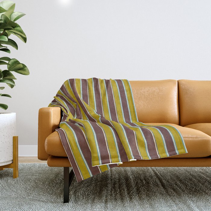 Eclectic Watercolor Paper Stripes Pattern Chartreuse Brown Blue Cream Throw Blanket