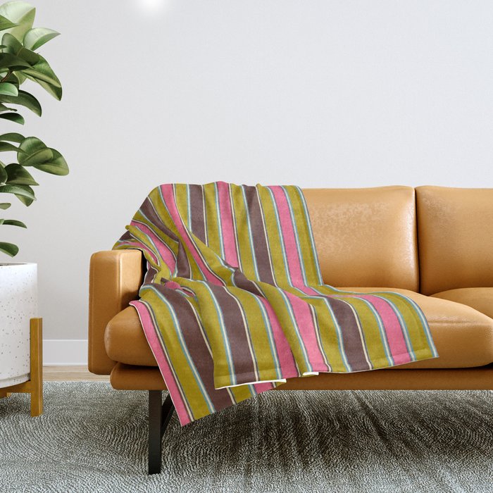 Retro Eclectic Watercolor Paper Stripes Vertical Pattern Pink Chartreuse Brown Blue Cream Throw Blanket