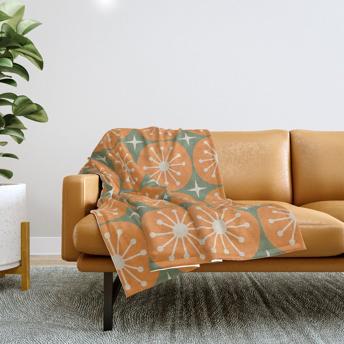 Mid Century Modern Atomic Dots And Stars Retro Pattern In Mossy Sage Olive Green Orange Beige Throw Blanket