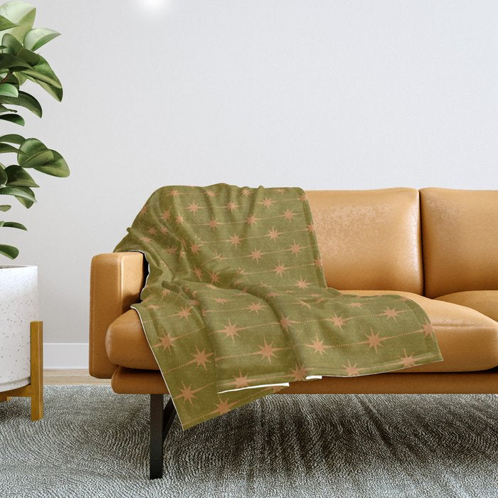 Mid Century Modern Stars And Dots Pattern In Vintage Olive Green And Orange Throw Blanket