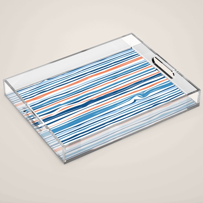 Modern Abstract Ocean Wave Stripes In Classic Blues And Orange Acrylic Tray