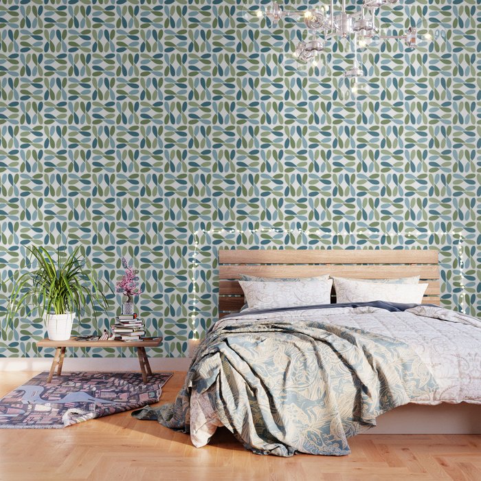 Retro Mid Century Modern Abstract Leaf Pattern Teal Blue Dill Green Wallpaper