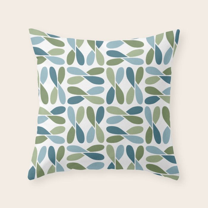 Retro Mid Century Modern Abstract Leaf Pattern Teal Blue Dill Green Throw Pillow