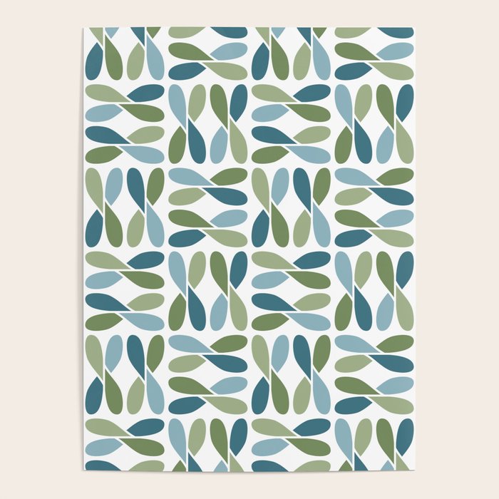Retro Mid Century Modern Abstract Leaf Pattern Teal Blue Dill Green Poster