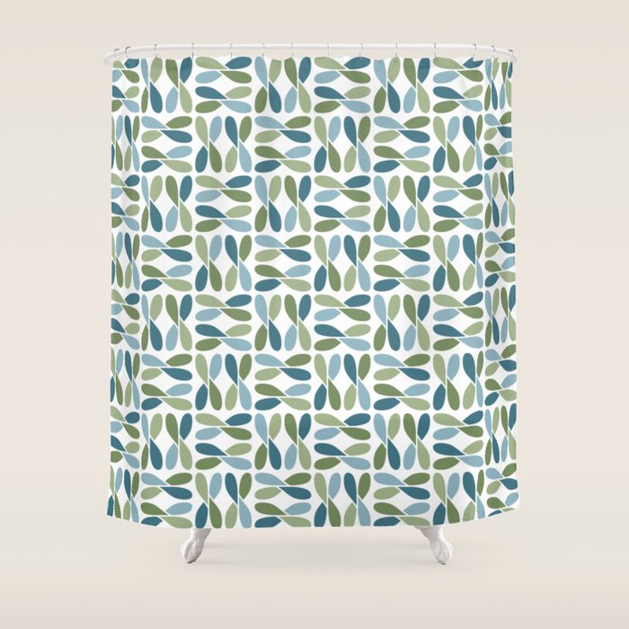 Retro Mid Century Modern Abstract Leaf Pattern Teal Blue Dill Green Shower Curtain
