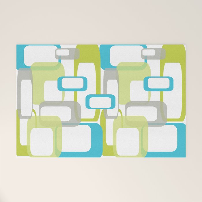 Mid-Century Modern Rectangle Design Blue Green And Gray Welcome Mat