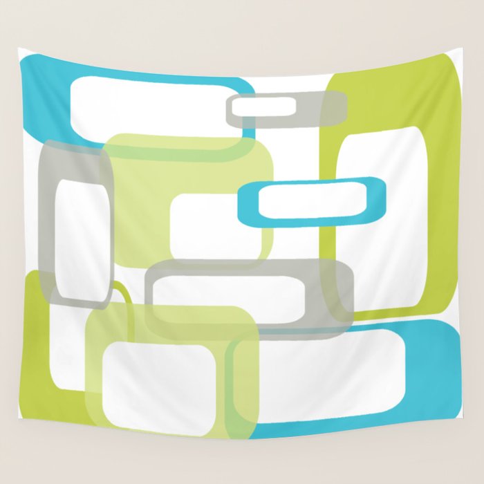 Mid-Century Modern Rectangle Design Blue Green And Gray Wall Tapestry