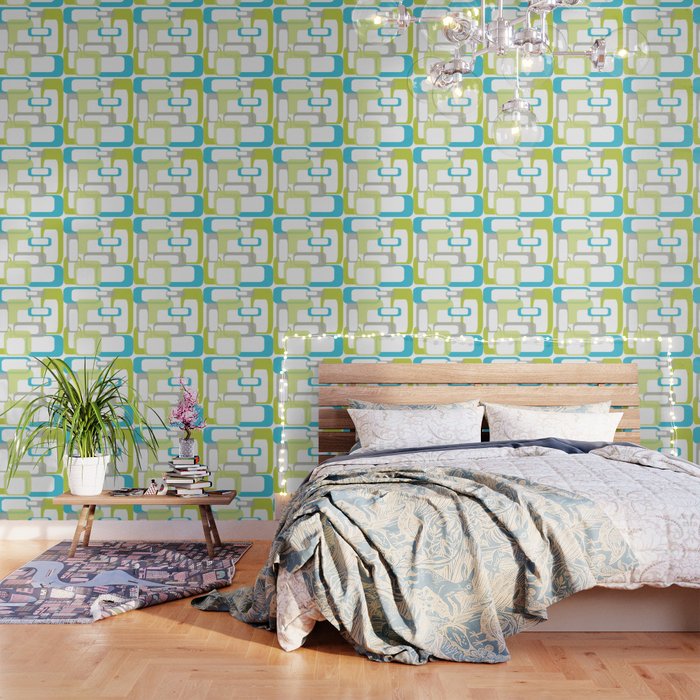 Mid-Century Modern Rectangle Design Blue Green And Gray Wallpaper