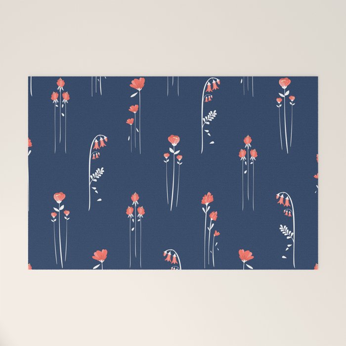 Retro Dark Flower Pattern In Modern Navy And Coral Welcome Mat