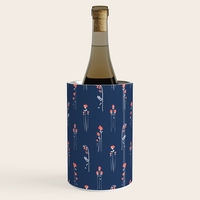 Retro Dark Flower Pattern In Modern Navy And Coral Wine Chiller