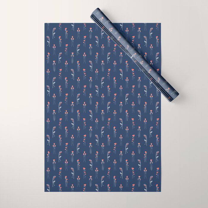 Retro Dark Flower Pattern In Modern Navy And Coral Wrapping Paper
