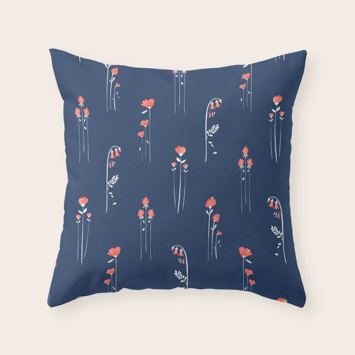 Retro Dark Flower Pattern In Modern Navy And Coral Throw Pillow