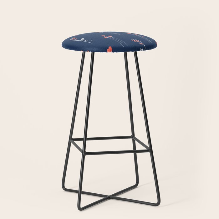 Retro Dark Flower Pattern In Modern Navy And Coral Stool