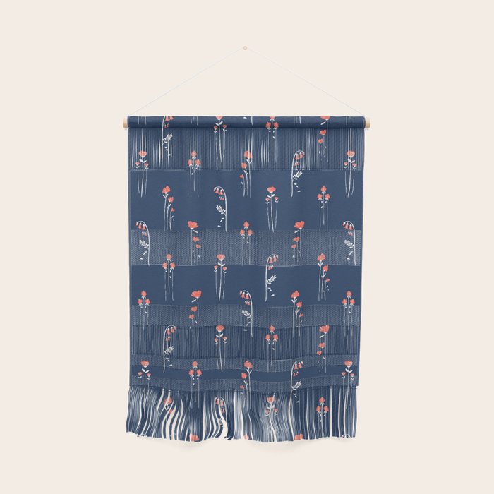 Retro Dark Flower Pattern In Modern Navy And Coral Wall Hanging