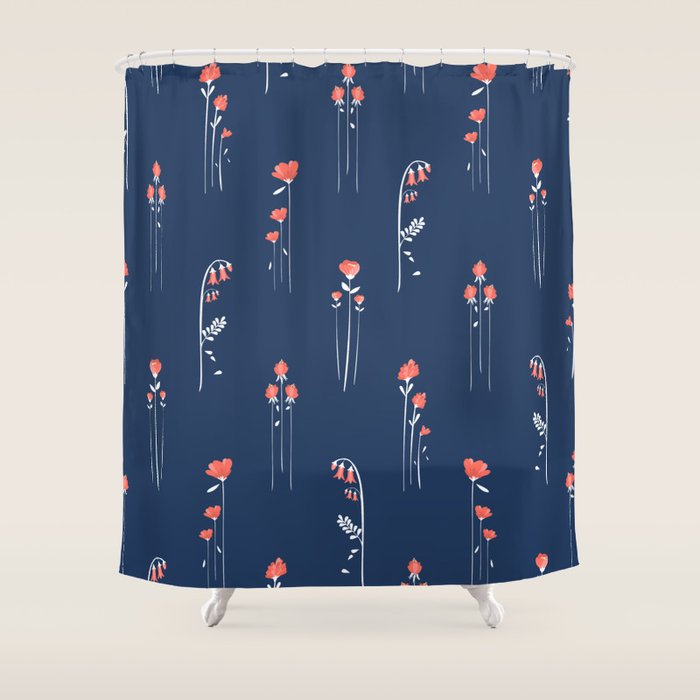 Retro Dark Flower Pattern In Modern Navy And Coral Shower Curtain