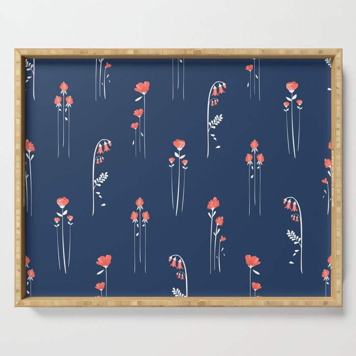 Retro Dark Flower Pattern In Modern Navy And Coral Serving Tray