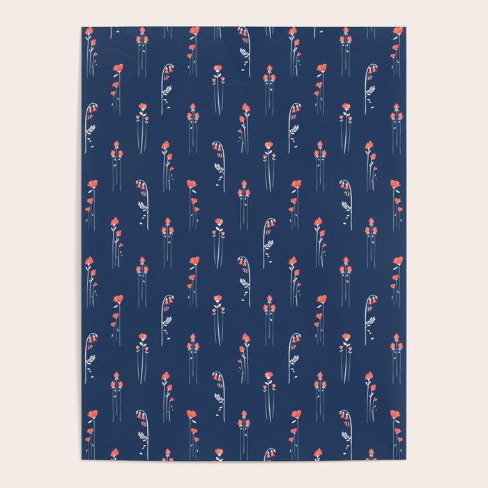 Retro Dark Flower Pattern In Modern Navy And Coral Poster