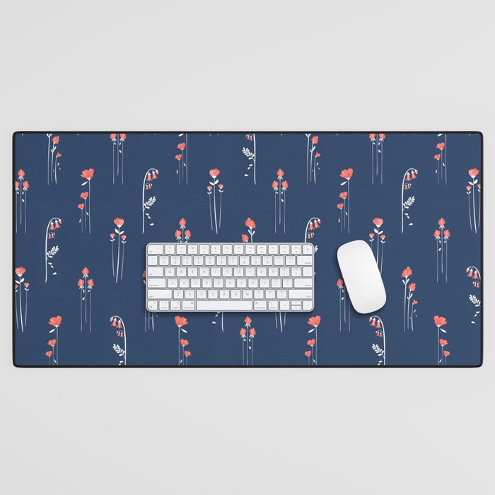 Retro Dark Flower Pattern In Modern Navy And Coral Desk Mat