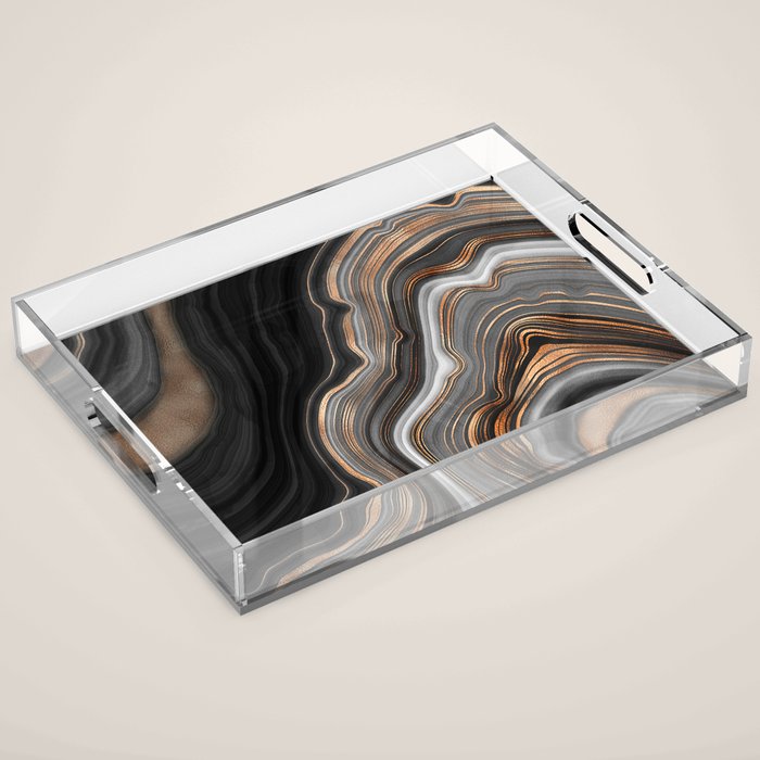 Elegant Black Marble With Gold And Copper Veins Acrylic Tray