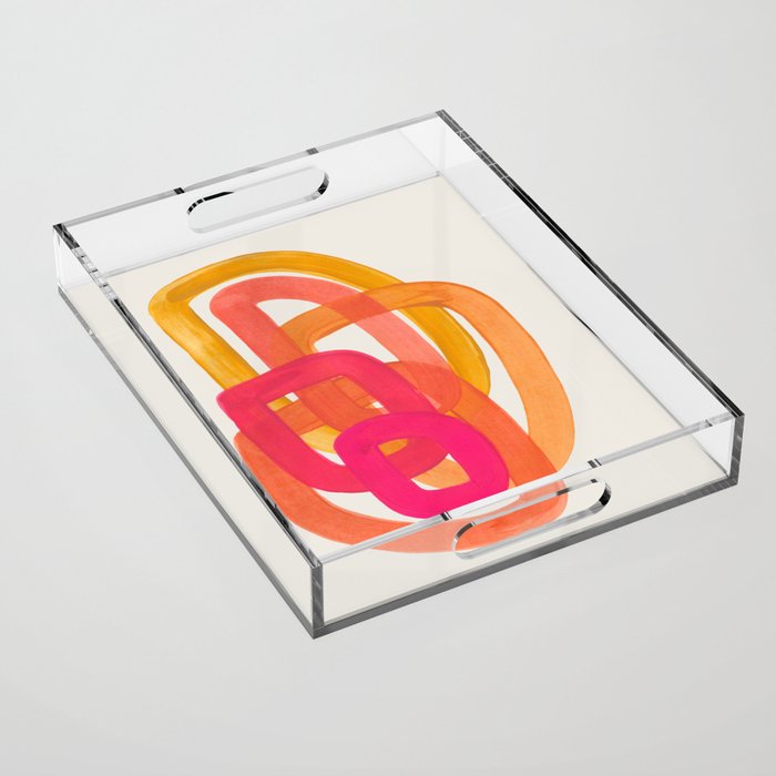 Funky Retro 70'S Style Pattern Orange Pink Greindent Striped Circles Mid Century Colorful Pop Art Acrylic Tray