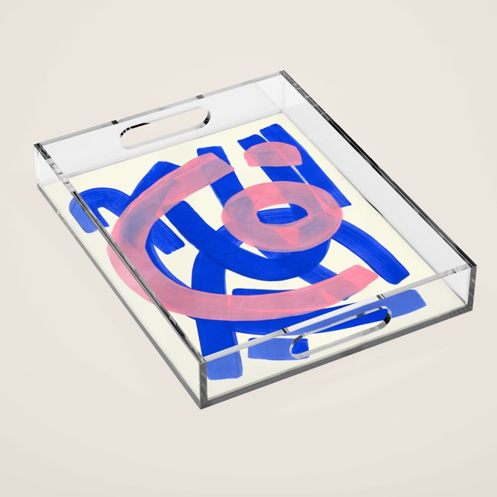 Tribal Pink Blue Fun Colorful Mid Century Modern Abstract Painting Shapes Pattern Acrylic Tray