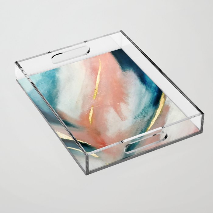 Celestial [3]: A Minimal Abstract Mixed-Media Piece In Pink, Blue, And Gold By Alyssa Hamilton Art Acrylic Tray