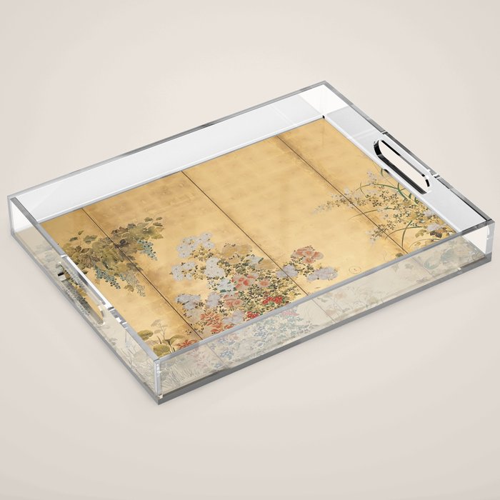 Japanese Edo Period Six-Panel Gold Leaf Screen - Spring And Autumn Flowers Acrylic Tray