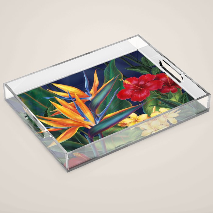 Tropical Paradise Hawaiian Floral Illustration Acrylic Tray