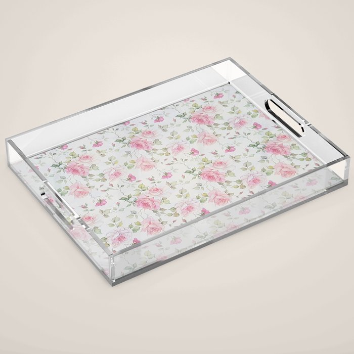 Elegant Blush Pink White Vintage Rose Floral Acrylic Tray