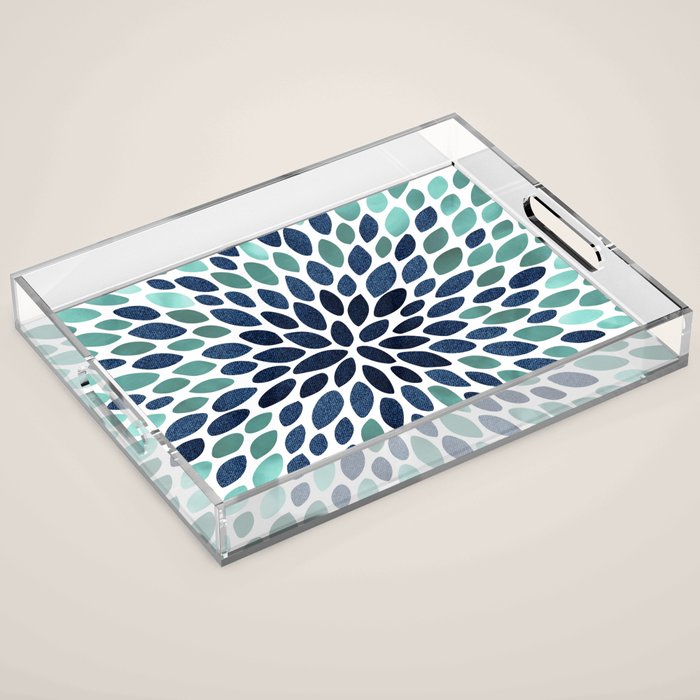 Flower Bloom, Aqua And Navy Acrylic Tray