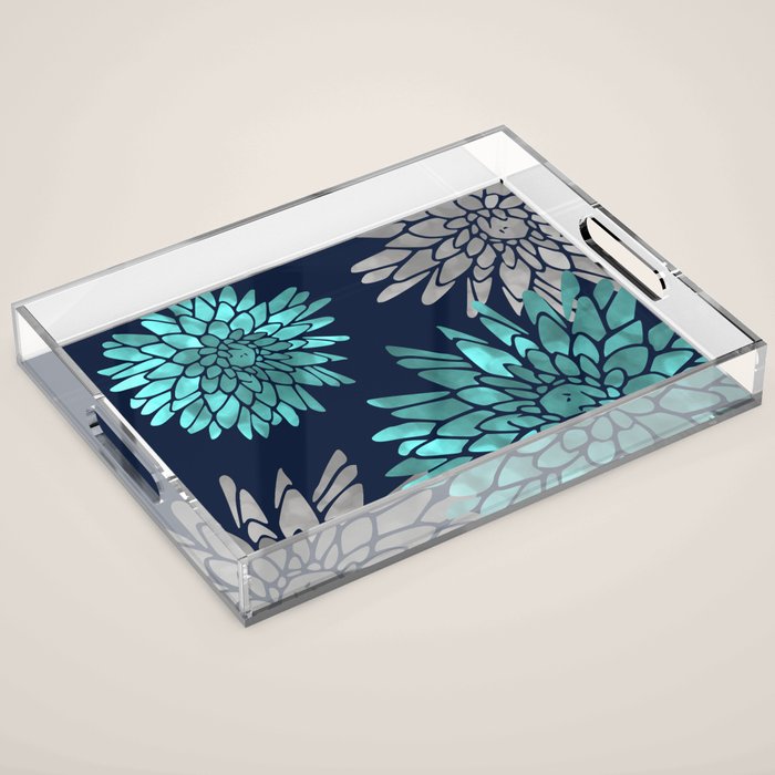 Floral Chrysanthemum Modern Navy Aqua Acrylic Tray