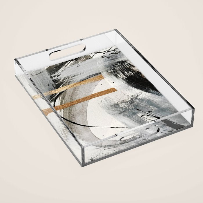 Armor [7]: A Bold Minimal Abstract Mixed Media Piece In Gold, Black And White Acrylic Tray