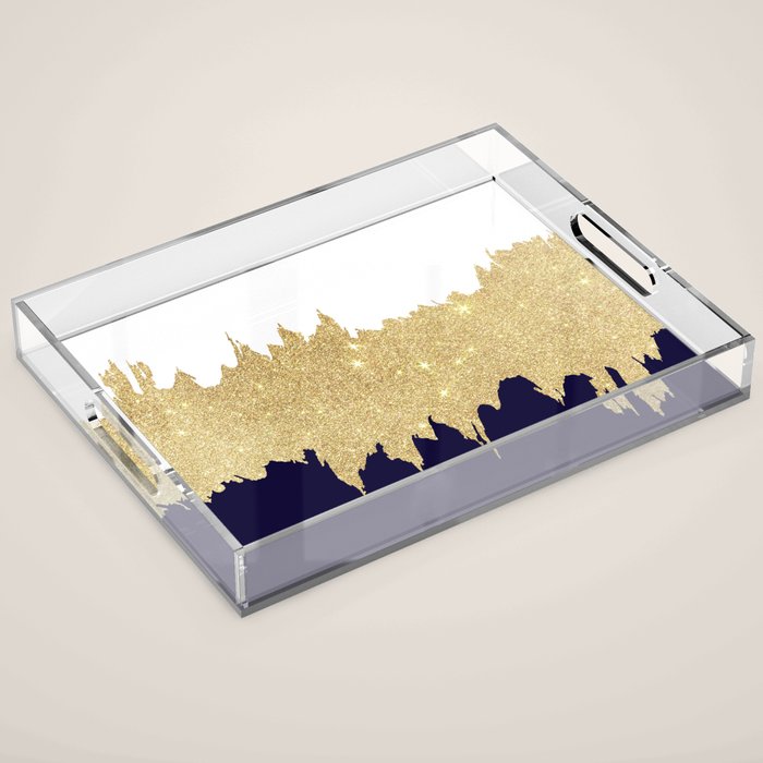 Modern Navy Blue White Faux Gold Glitter Brushstrokes Acrylic Tray